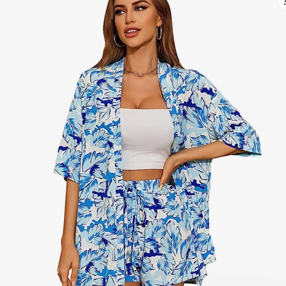 Women's Boho 2 Piece Tropical Open Front Kimono Blouse and Shorts Set - Picture 6 of 6